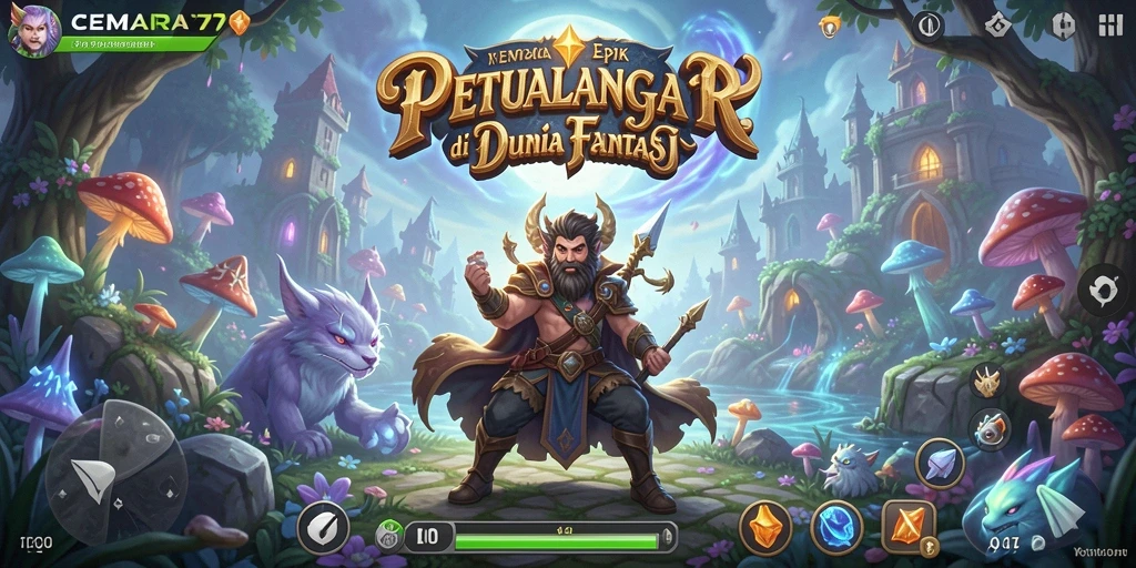 Tangkapan layar utama dari gameplay CEMARA77 di dunia fantasi.