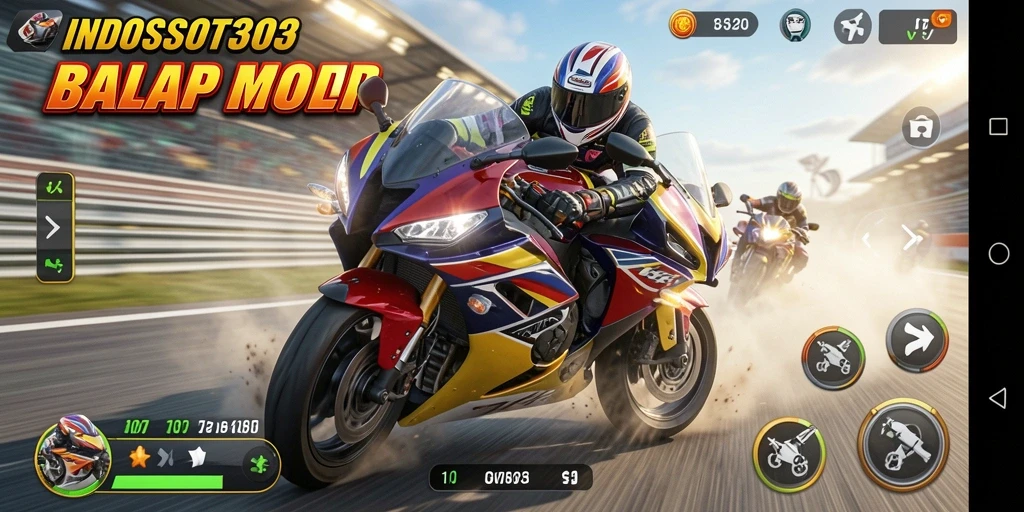 Screenshot gameplay INDOSLOT303 yang menampilkan balap motor yang mendebarkan.