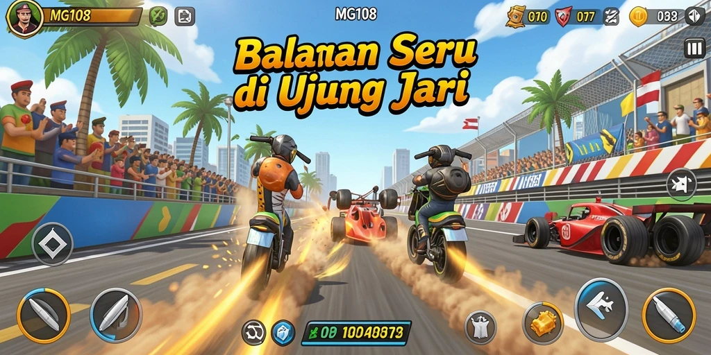 Tampilan gameplay MG108 dengan aksi balap yang mendebarkan.