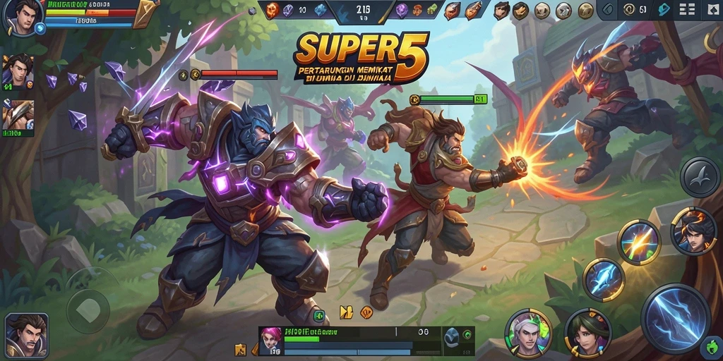 Screenshot SUPER5 memperlihatkan aksi seru dalam pertarungan MOBA.